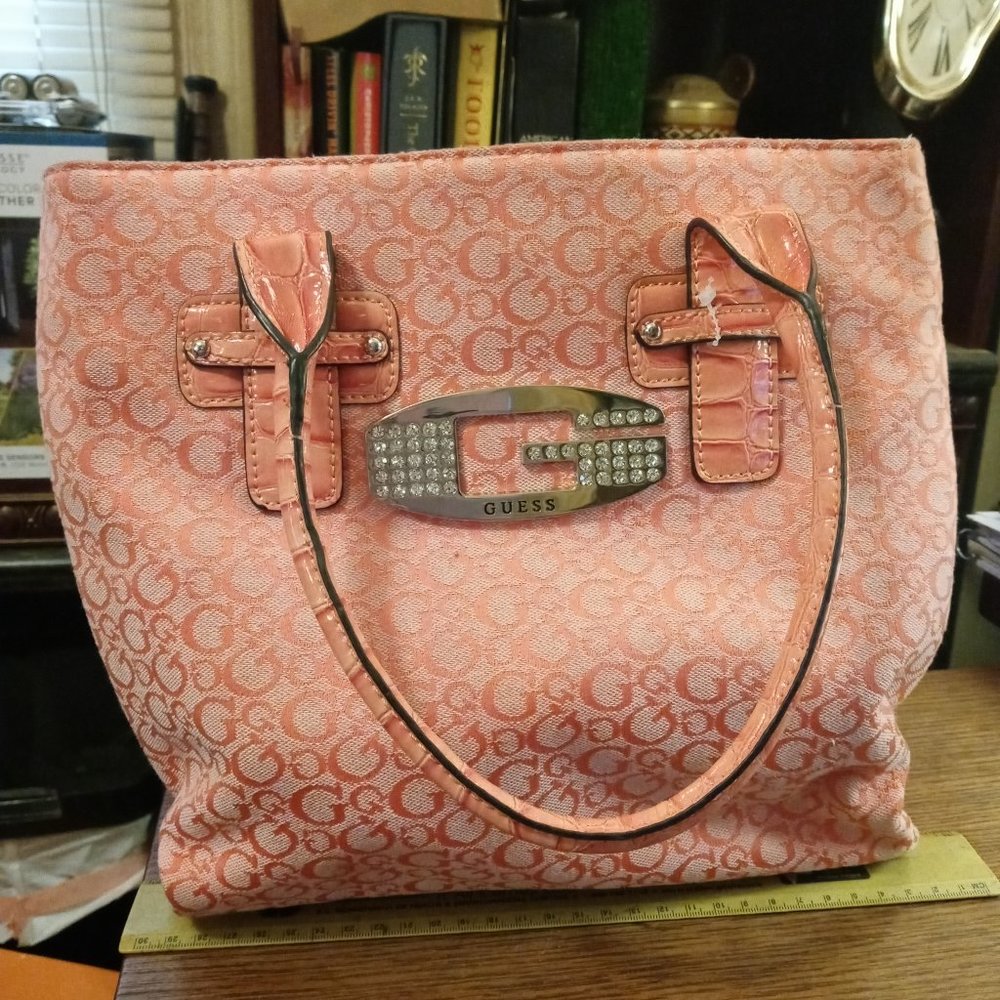 Gently Used Guess Y2K Tan “Tansy” Rhinestone Monogram Shoulder Bag/Tote in Peach